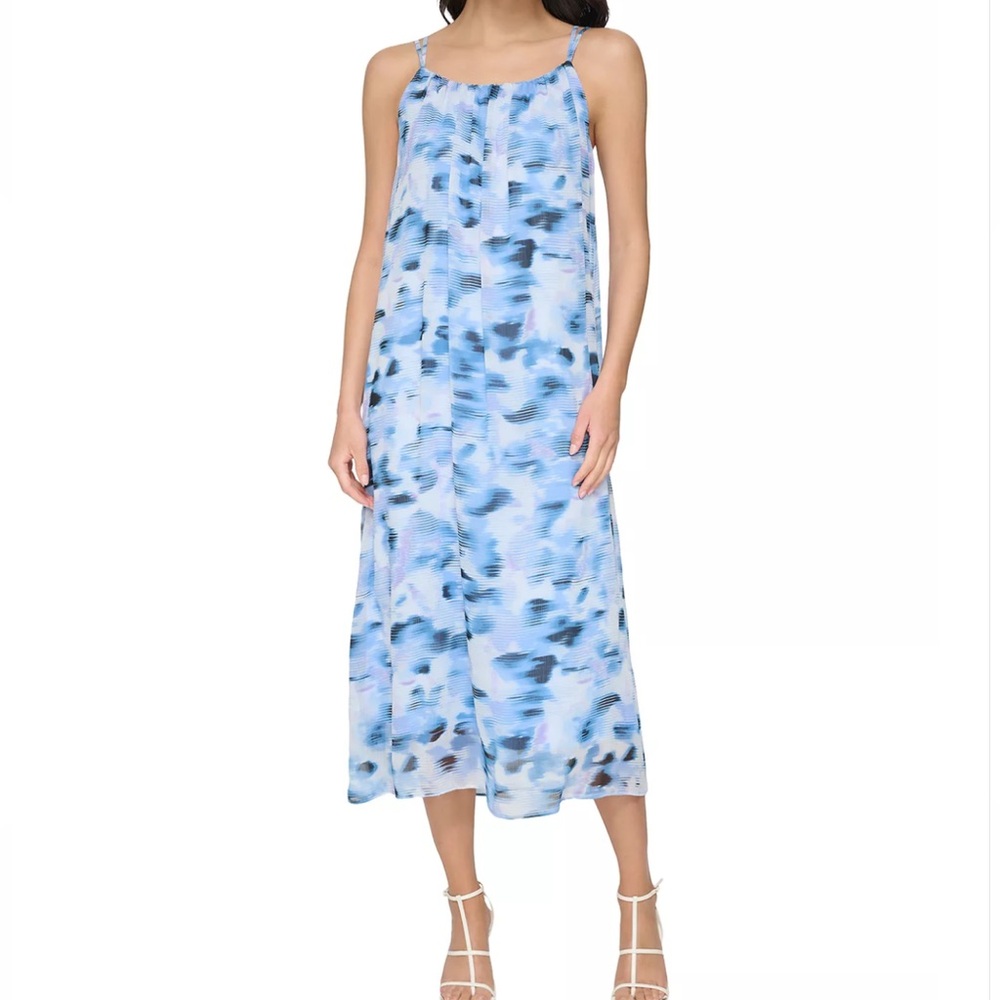 NEW DKNY Donna Karen NY Chiffon Midi Blue White Dress Sz M